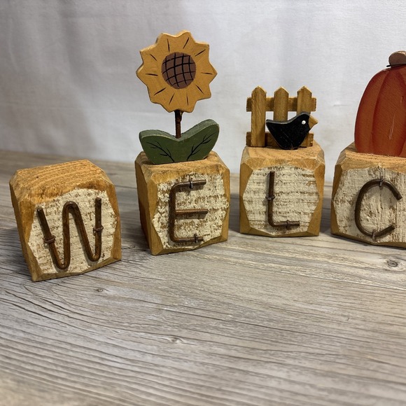 Decorative Wooden Block Welcome Fall Harvest Pumpkin Sunflower Theme Decor - Picture 2 of 4